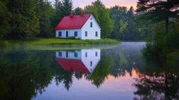 Tranquil white house with red roof reflecting on a lake surrounded by lush forest at dawn photo