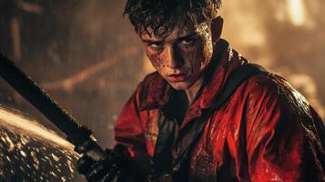 Intense young firefighter battling flames with determination and courage photo