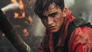 Determined young firefighter covered in soot during intense blaze photo