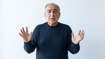 Senior man gesturing with hands in wearable dark sweater against plain background photo