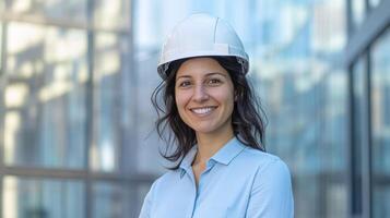 Female engineer smiling in hard hat at urban construction site for professional portrait photo