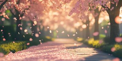 Cherry blossom pathway with falling petals in serene springtime setting photo