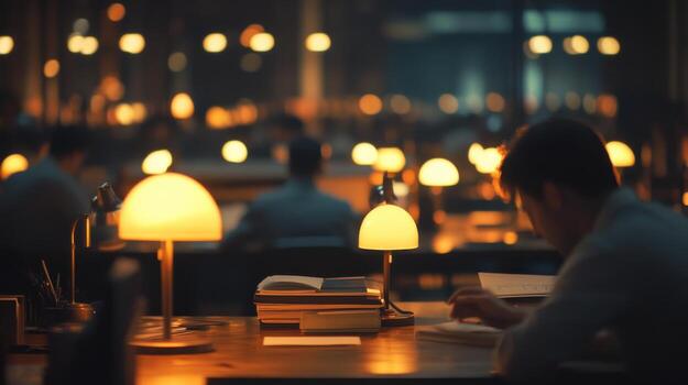 Man reading at dimly lit library table surrounded by warm desk lamps indoors photo