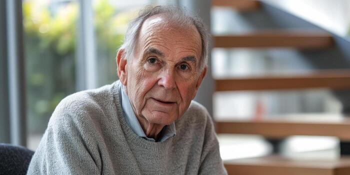 Elderly man with thoughtful expression sitting indoors against a soft background photo
