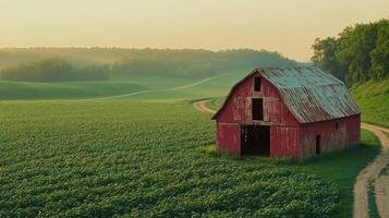 Rustic red barn in lush green fields surrounded by rolling hills at sunrise photo