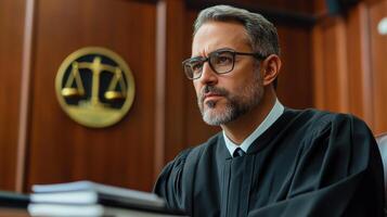 Serious male judge in courtroom wearing black robe with scales of justice on wall photo