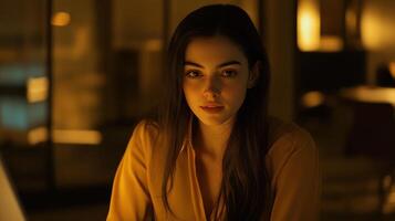 Portrait of young woman in warm ambient lighting at evening workspace photo