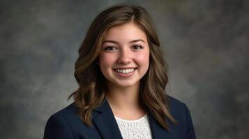 Professional portrait of a smiling young woman in business attire against neutral background photo