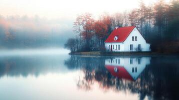 Idyllic lakeside house with red roof amidst misty autumn forest reflections photo