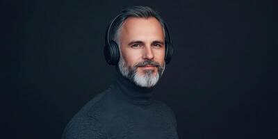 Mature man with gray beard listening to music on wireless headphones photo