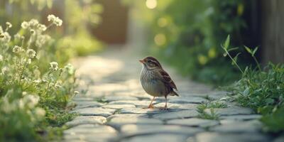 Small bird on cobblestone path surrounded by greenery in a peaceful garden setting photo
