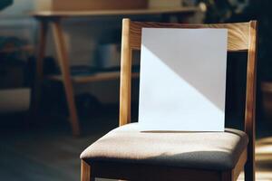 Sunlit wooden chair with blank paper in cozy home interior setting photo