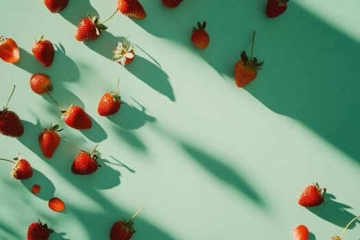 Fresco fresas dispersado en verde superficie con jugar de oscuridad concepto foto