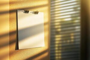 Empty paper sheet on wall with shadows from window blinds for creative projects photo