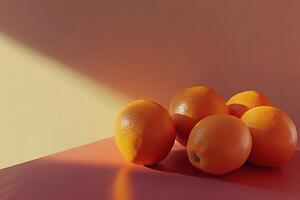 Fresh group of oranges on colored background with artistic lighting effect photo