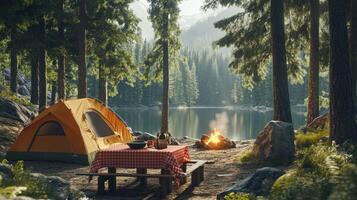 Tranquil camping site with tent and campfire near serene forest lake photo