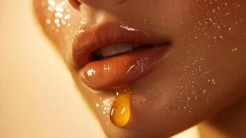 Close-up of female lips with honey drip, reflecting beauty and skincare concepts photo
