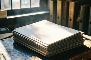 Stack of paper sheets in sunlit office environment with window view and folders photo
