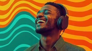 Joyful young man listening to music with headphones against vibrant wavy background photo