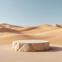 An empty stone podium for product in the desert with sand dunes background photo