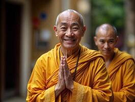 Smiling monks in orange robes practicing gratitude in serene temple surroundings photo