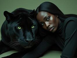 Woman rests beside a black panther in a serene and captivating setting photo