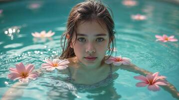 Young girl enjoying a tranquil moment in a pool surrounded by pink water lilies photo