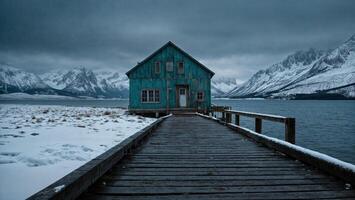 Rustic blue house on a wooden pier surrounded by snow-capped mountains in the evening light photo