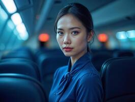 Young woman in a blue blouse sits alone on a train during twilight hours photo