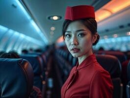 Flight attendant in elegant red uniform amidst airplane cabin during evening flight photo