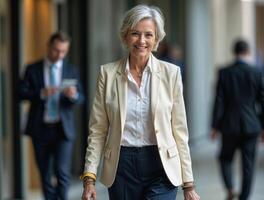 Professional woman walking confidently through a business environment during work hours photo