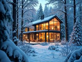 Cozy cabin nestled in a snowy forest during twilight offers warmth and serenity photo