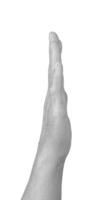 Salute hand gesture. Senior woman s wrinkled hand held upright in a straight, vertical pose with photo