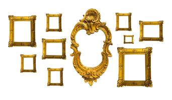 Vintage frame arrangement set. Classic baroque style frames in gold, rectangular, square, and oval photo