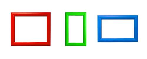 Picture frames set. Modern rectangular designs in red, green, and blue borders, various sizes for photo