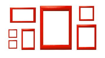 Gallery wall frame set. Modern arrangement of rectangular, square, vertical frames in bright red, photo