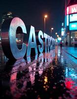 Typography made of liquid chrome, letters reflecting a bustling neon-lit cityscape during a rainy night, creating additional reflections and glimmers in puddles below photo