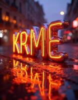 Typography made of liquid chrome, letters reflecting a lively neon-lit cityscape at sunset, where warm orange and purple hues blend into the chrome's surface. photo