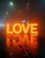 Typography made of liquid chrome, each letter reflecting a neon-lit cityscape during a foggy night, where the lights create a mysterious and enchanting atmosphere. photo
