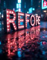 Typography made of liquid chrome, letters reflecting a bustling neon-lit cityscape during a rainy night, creating additional reflections and glimmers in puddles below. photo