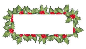 Christmas horizontal frame of red holly berries with leaves.Illustration of watercolor background with place for text. Hand drawn isolated backdrop. Decoration for the New Year and seasonal holidays vector