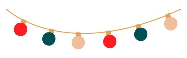 Christmas lights garland with colored circle bulbs. Xmas festive string decoration with hanging retro lightbulb. Glowing string with lamps for holiday cards, banners, posters, web. illustration vector