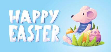 Easter illustration, cute cartoon mouse sitting among colorful eggs and green grass with text Happy Easter on blue background. Ideal for greeting cards, holiday promotions, festive design vector