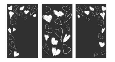 Pastel brush heart pattern for vertical story. Black and white hand drawn valentine banner. Abstract freehand border for love day frame. Cute lipstick texture scratch on template for party design. vector