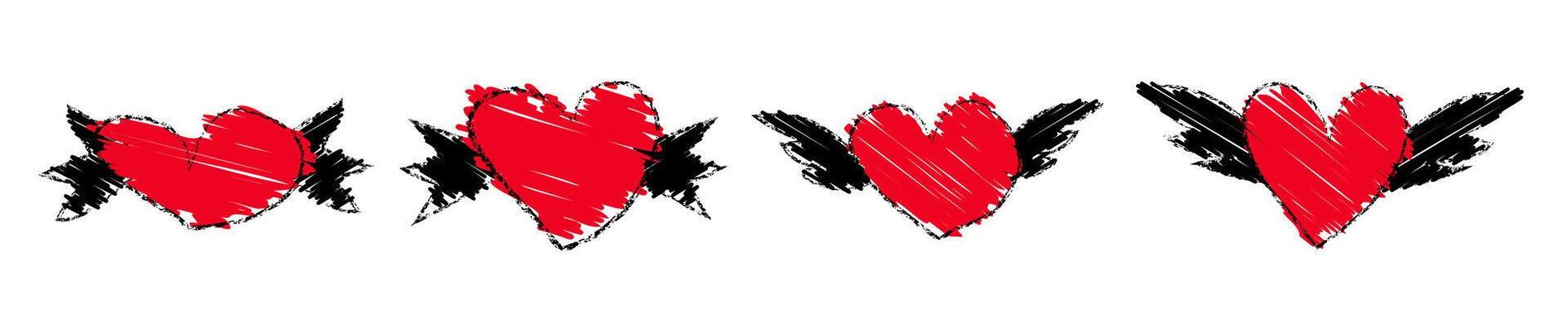 Valentine day chalk heart with wings . Crayon brush flying love symbol icon. Grunge sketch element set. Wedding tatoo with pastel paintbrush design. Simple black and red lipstick scrawl.