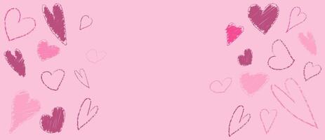 Crayon brush heart pattern. Hand drawn abstract Valentine border with pastel material. Cute chalk texture for 14 February. Lipstick or marker paintbrush stroke design. Children charcoal scratch. vector