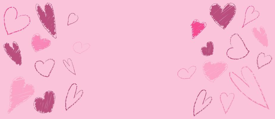 Crayon brush heart pattern. Hand drawn abstract Valentine border with pastel material. Cute chalk texture for 14 February. Lipstick or marker paintbrush stroke design. Children charcoal scratch.