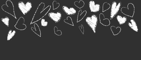 White pastel brush heart paint pattern. Hand drawn abstract Valentine border with crayon material on black background. Grunge chalk scribble for 14 February. Lipstick or marker paintbrush design. vector