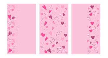 Vertical crayon heart pattern. Valentine stories banner drawn with pastel. Abstract love frame border with charcoal material scratch. 14 February lipstick texture background set. Chalk stroke design. vector