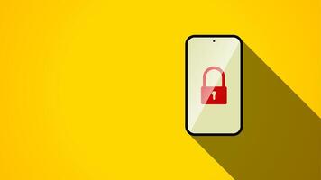 Flat illustration of a smartphone with a padlock symbol on a yellow background. The concept of digital security systems, data protection, and privacy vector